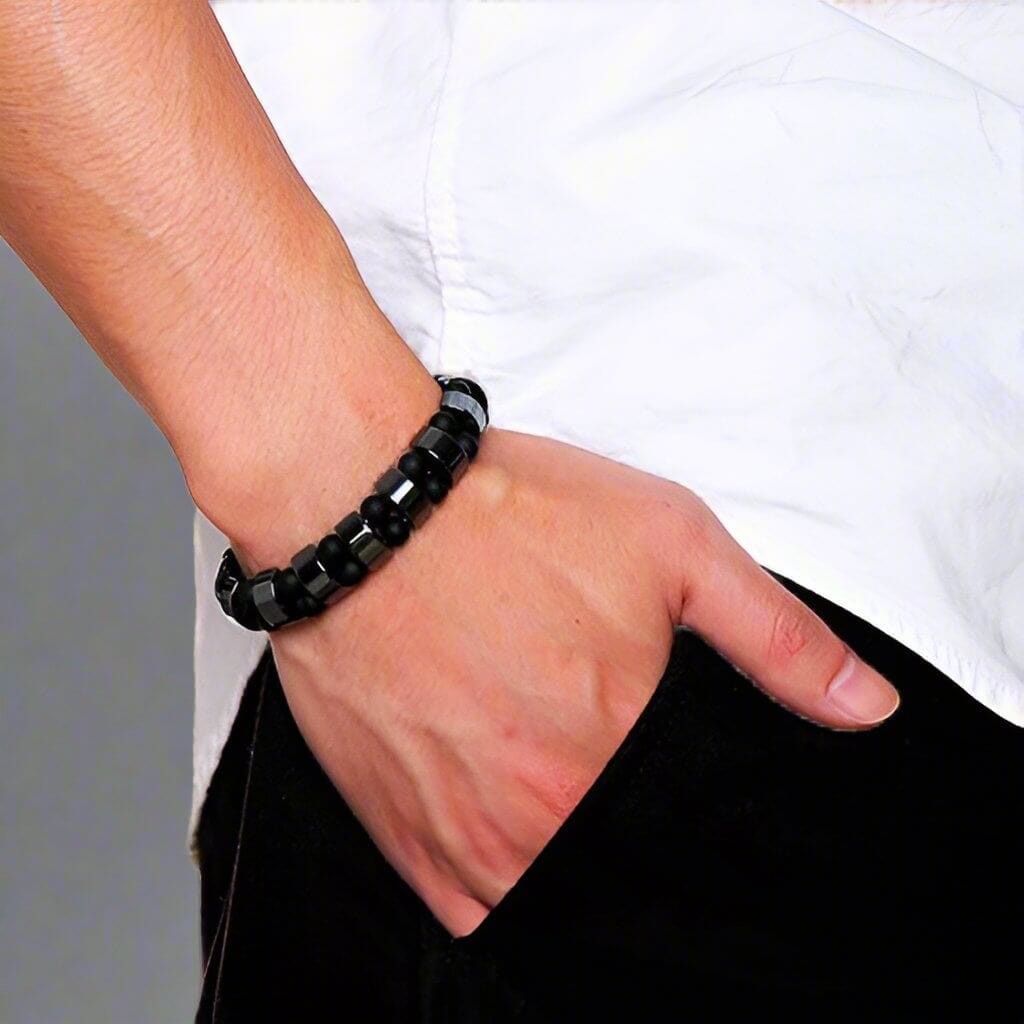 THE MEN THING Bead Bracelet DOUBLE HEMATITE - Beads Bracelet with Natural Stone - "7" inch Stretch Bracelet for Men & Boys
