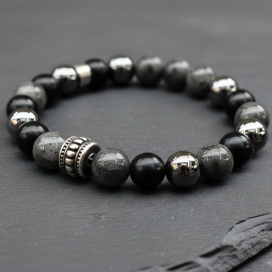 THE MEN THING Bead Bracelet GREYHAWK - 12mm Beads Bracelet with Natural Stone - Adjustable Bracelet