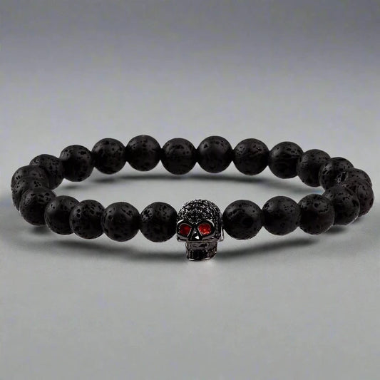 THE MEN THING Bead Bracelet INTERNO BLACK SKULL - Natural Beads Bracelet - Oxy Black Toned Skull with Red Stone in Eyes (7inch)