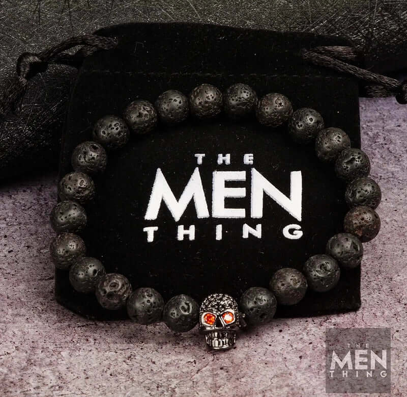 THE MEN THING Bead Bracelet INTERNO BLACK SKULL - Natural Beads Bracelet - Oxy Black Toned Skull with Red Stone in Eyes (7inch)