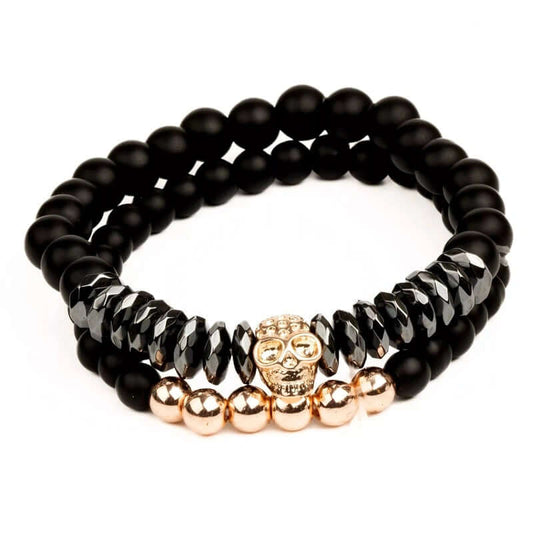 THE MEN THING Bead Bracelet LAVA EMBRACE SKUL DUO- Black Gold Tone - Beads Bracelet with Natural Volcanic Stone - 7inch Stretch Bracelet