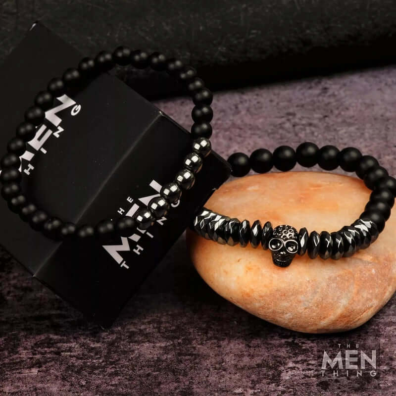 THE MEN THING Bead Bracelet LAVA EMBRACE SKUL DUO- Black Silver tone - Beads Bracelet with Natural Volcanic Stone - 7inch Stretch Bracelet