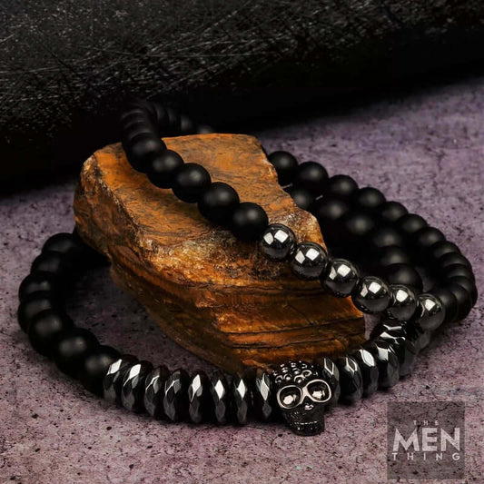 THE MEN THING Bead Bracelet LAVA EMBRACE SKUL DUO- Black Silver tone - Beads Bracelet with Natural Volcanic Stone - 7inch Stretch Bracelet