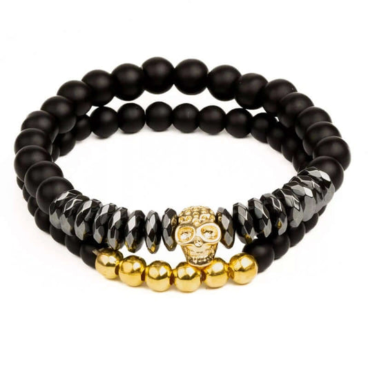THE MEN THING Bead Bracelet LAVA EMBRACE SKULL DUO - Gold Toned- Beads Bracelet with Natural Volcanic Stone - 7inch Stretch Bracelet