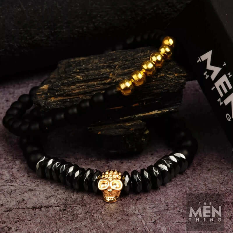 THE MEN THING Bead Bracelet LAVA EMBRACE SKULL DUO - Gold Toned- Beads Bracelet with Natural Volcanic Stone - 7inch Stretch Bracelet