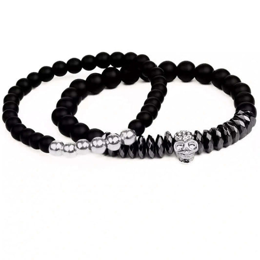 THE MEN THING Bead Bracelet LAVA SKULL DOUBLE TROUBLE - Super Stylish Beads Bracelet with Natural Volcanic Stone - 7inch Stretch Bracelet