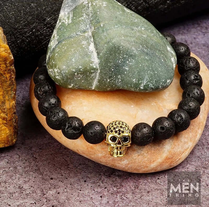 THE MEN THING Bead Bracelet LAVA SKULL GOLD TONE - Beads Bracelet with Natural Volcanic Stone - 7inch Stretch Bracelet