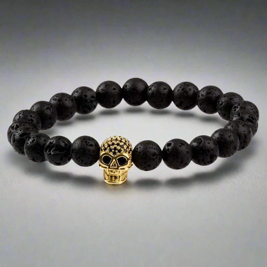 THE MEN THING Bead Bracelet LAVA SKULL GOLD TONE - Beads Bracelet with Natural Volcanic Stone - 7inch Stretch Bracelet