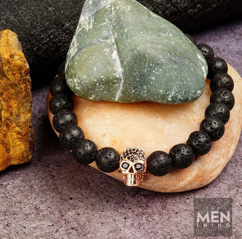 THE MEN THING Bead Bracelet LAVA SKULL ROSE GOLD TONE - Beads Bracelet with Natural Volcanic Stone - 7inch Stretch Bracelet