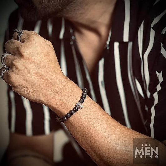 THE MEN THING Bead Bracelet LAVA SKULL ROSE GOLD TONE - Beads Bracelet with Natural Volcanic Stone - 7inch Stretch Bracelet