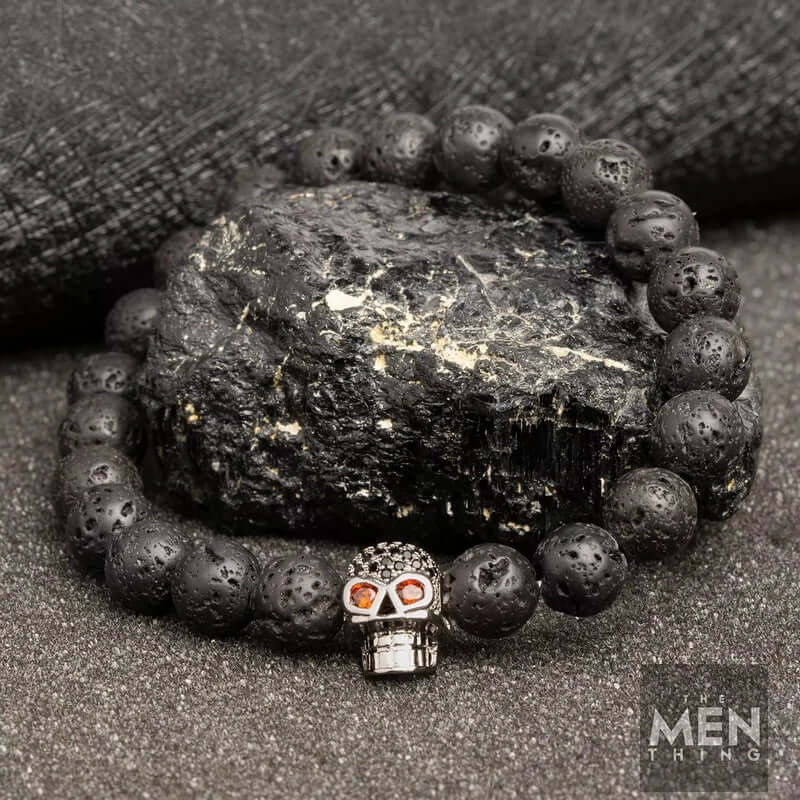 THE MEN THING Bead Bracelet LAVA SKULL SILVER TONE - Beads Bracelet with Natural Volcanic Stone - 7inch Stretch Bracelet