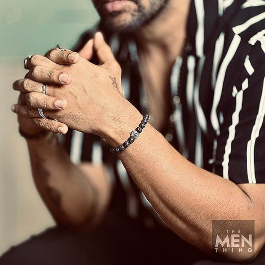 THE MEN THING Bead Bracelet LAVA SKULL SILVER TONE - Beads Bracelet with Natural Volcanic Stone - 7inch Stretch Bracelet