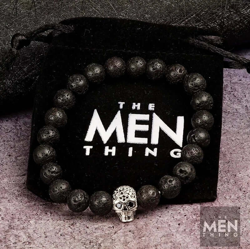 THE MEN THING Bead Bracelet LAVA SKULL SILVER TONE - Beads Bracelet with Natural Volcanic Stone - 7inch Stretch Bracelet