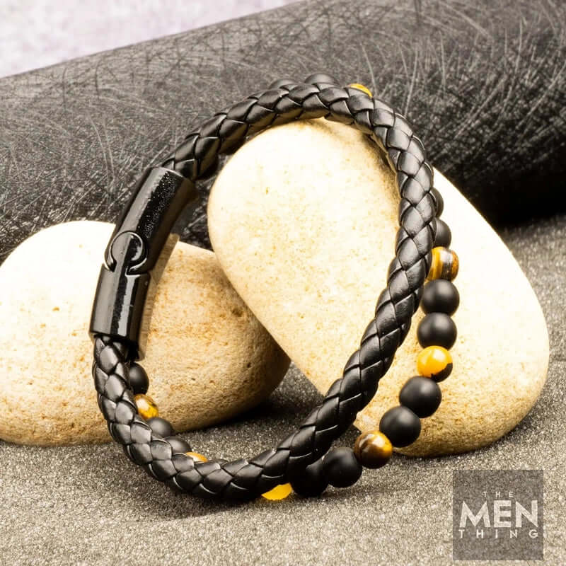 THE MEN THING Bead Bracelet NATURAL TIGER EYE HEALER - Natural Healing Beads - Tiger Eye Stone & Black Onyx Leather with Stainless Steel Magnetic Buckle for Men & Boys (7.5inch)