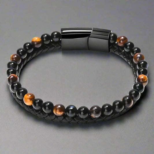 THE MEN THING Bead Bracelet NATURAL TIGER EYE HEALER - Natural Healing Beads - Tiger Eye Stone & Black Onyx Leather with Stainless Steel Magnetic Buckle for Men & Boys (7.5inch)