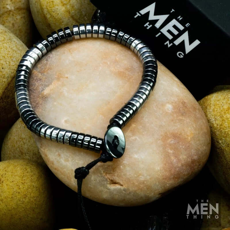 THE MEN THING Bead Bracelet SLEEK ITALY - Silver & Black Tone - Steel Bead Bracelet - Stretch Bracelet (8inch)