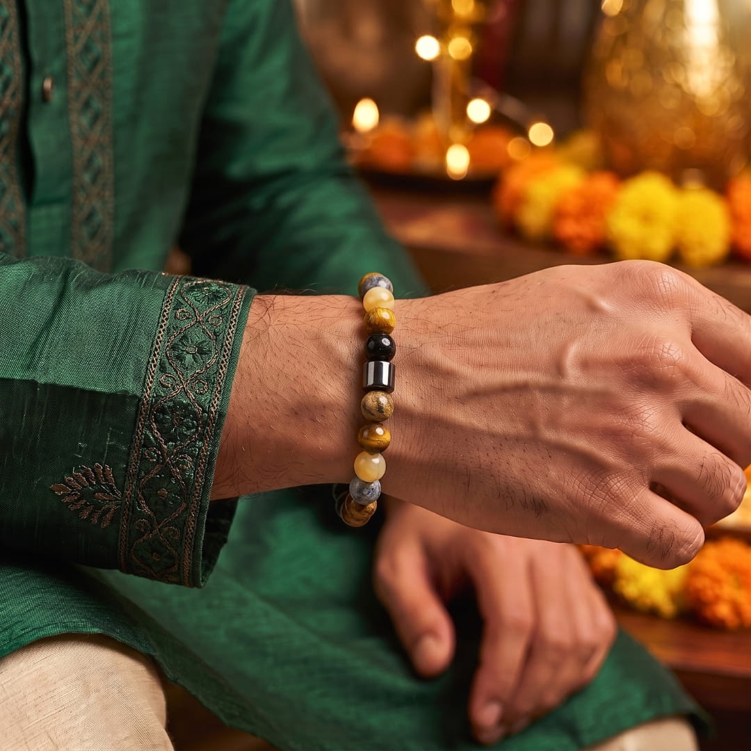 THE MEN THING Bead Bracelet The Perfect Rakhi Gift For Every Brother – AZURITE MARBLE - Premium Beads Bracelets With Timeless Style (7inch)