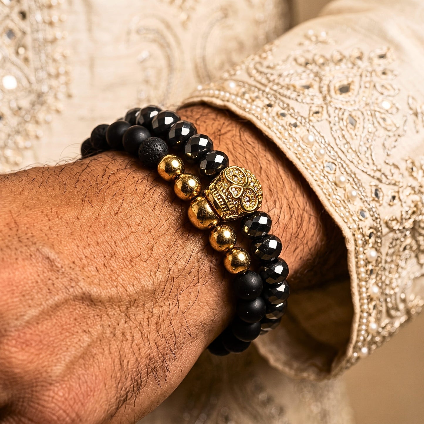 THE MEN THING Bead Bracelet The Perfect Rakhi Gift For Every Brother – LAVA EMBRACE SKUL DUO- Black Gold Tone - Premium Beads Bracelets With Timeless Style (7inch)