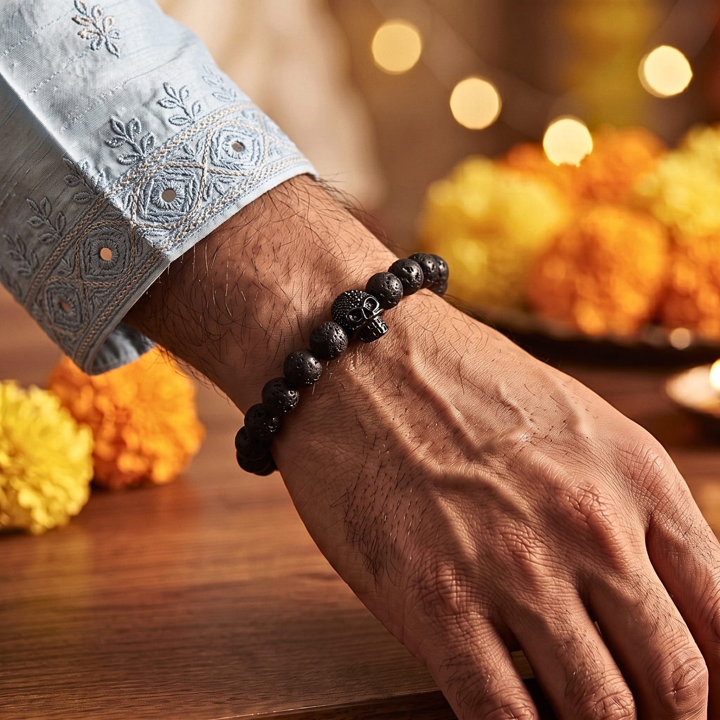 THE MEN THING Bead Bracelet The Perfect Rakhi Gift For Every Brother – LAVA SKULL DARK NIGHT - Premium Beads Bracelets With Timeless Style (7inch)