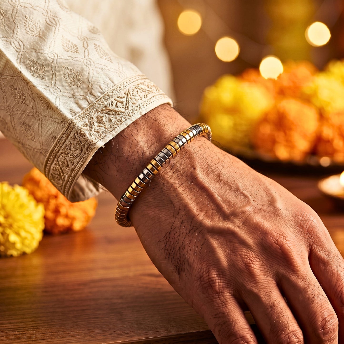 THE MEN THING Bead Bracelet The Perfect Rakhi Gift For Every Brother – SLEEK ITALY - Gold & Silver Tone - Premium Steel Beads Bracelets With Timeless Style (8inch)