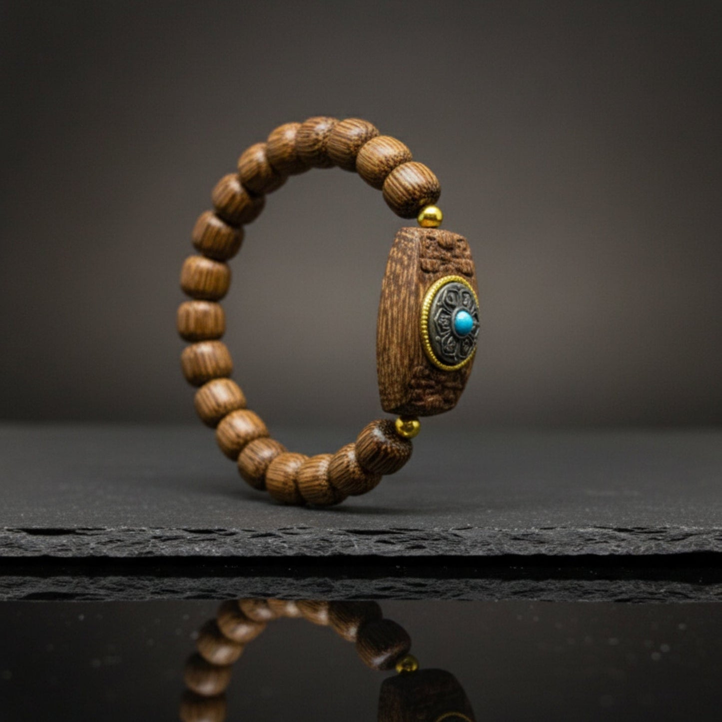 THE MEN THING Bead Bracelet TURQUOISE AMULET - 10mm Wooden Beads Bracelet with Natural Stone - Adjustable Bracelet