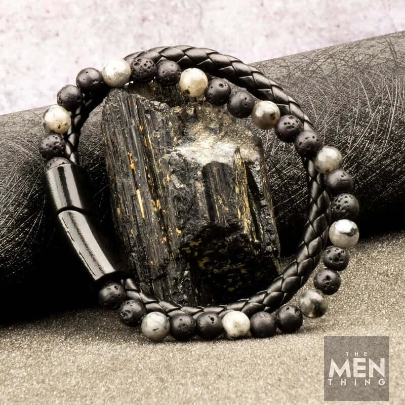 THE MEN THING Bead Bracelets DARK AGE STYLE - European Style Genuine Leather Bracelet with Multi-Layer Braided, 100% Stainless Steel Magnetic Buckle for Men & Boys (7 inch)