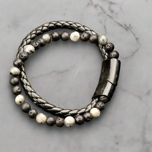 THE MEN THING Bead Bracelets DARK AGE STYLE - European Style Genuine Leather Bracelet with Multi-Layer Braided, 100% Stainless Steel Magnetic Buckle for Men & Boys (7 inch)