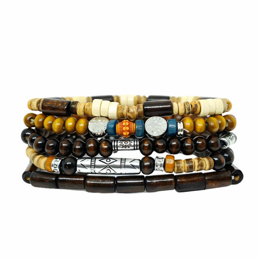 THE MEN THING Bead Bracelets EARTHBORN SENTINEL - 5 Pcs Genuine Leather Adjustable Bracelet Set for Men & Boys (8 inch)