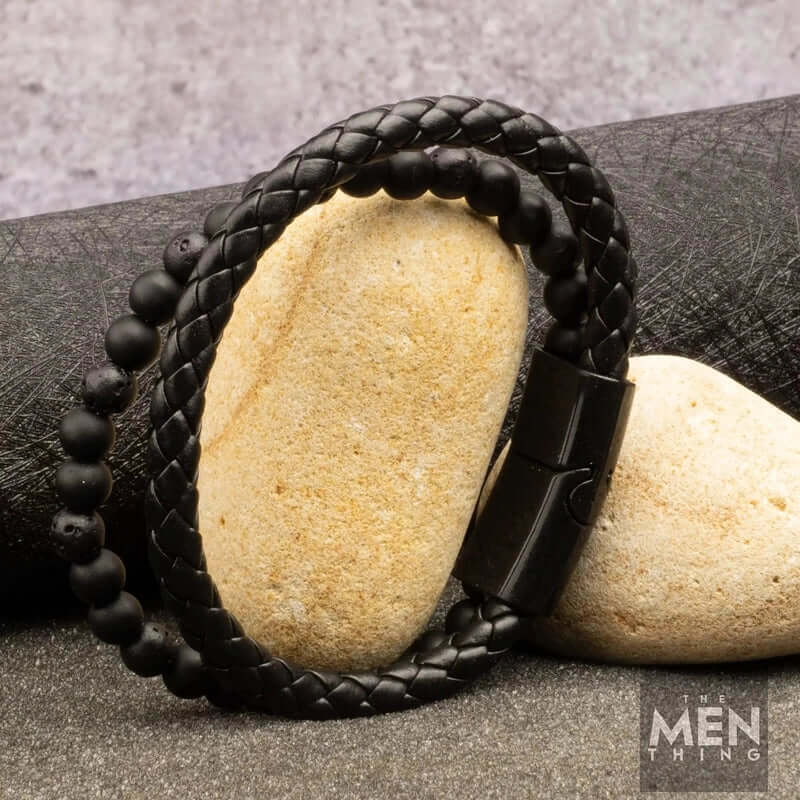 THE MEN THING Bead Bracelets EBONY DUO - European Style Genuine Leather Bracelet with Multi-Layer Braided, 100% Stainless Steel Magnetic Buckle for Men & Boys (7 inch)