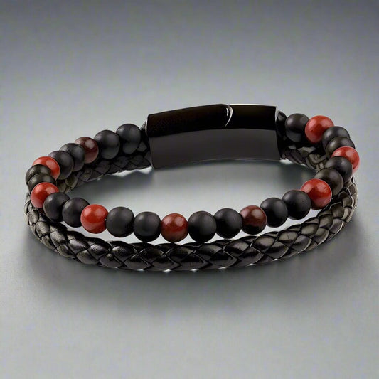 THE MEN THING Bead Bracelets ECLIPSE SAND - European Style Genuine Leather Bracelet with Multi-Layer Braided, 100% Stainless Steel Magnetic Buckle for Men & Boys (7 inch)