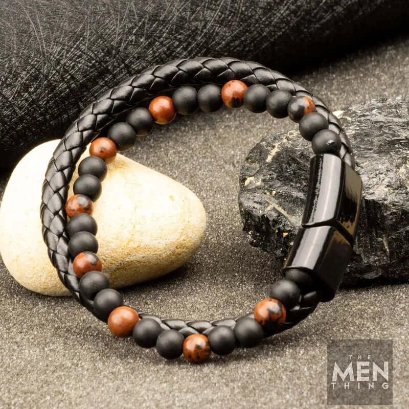 THE MEN THING Bead Bracelets ECLIPSE SAND - European Style Genuine Leather Bracelet with Multi-Layer Braided, 100% Stainless Steel Magnetic Buckle for Men & Boys (7 inch)