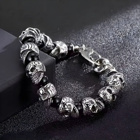 THE MEN THING Bead Bracelets GRIM SKULL - Black Agate - 8inch Pure Stainless Steel Bracelet for Men & Boy
