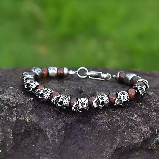 THE MEN THING Bead Bracelets GRIM SKULL - Red Tiger Eye - 8inch Pure Stainless Steel Bracelet for Men & Boy