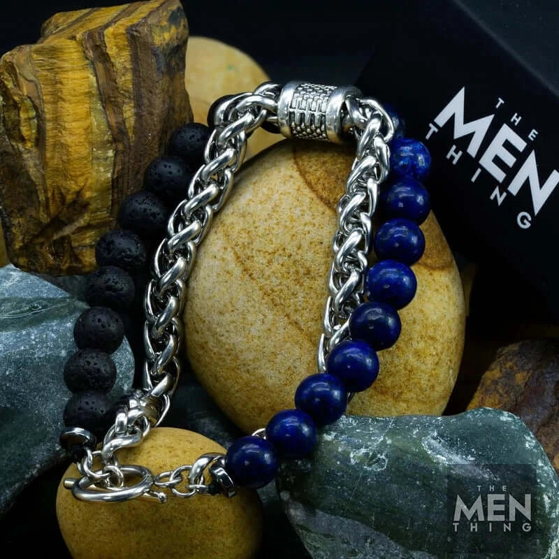 THE MEN THING Beads Bracelet BEADFUSION BLUE - Natural Beads Bracelet for Men - Become Money Magnet - Natural Volcanic Stone Colorful 7 Chakra Energy Stretch Bracelet (7inch)