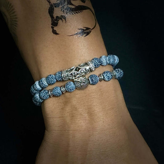 THE MEN THING Beads Bracelet BLUE ONYX OWL - Natural Beads Alloy Stretch Bracelet for Men and Boys