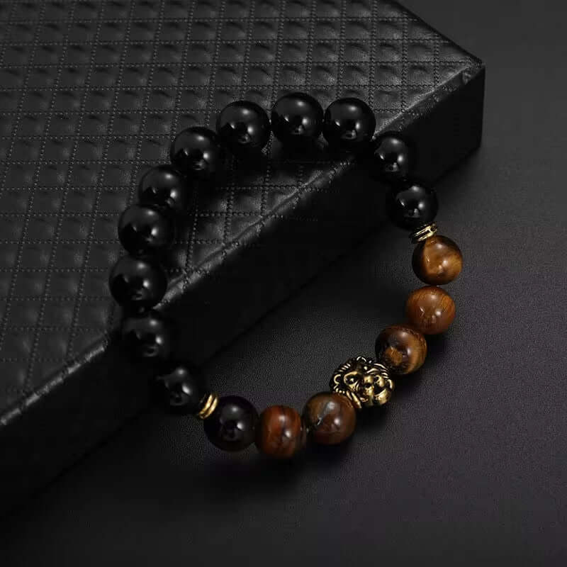 THE MEN THING Beads Bracelet LION HEAD - Natural Beads Alloy Stretch Bracelet for Men and Boys