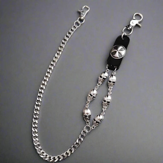 THE MEN THING Biker Fashion SKULL CROSS WAIST CHAIN - Alloy Long Wallet Biker Jeans Chain with Lobster Clasps for Men & Boys - "28"inch