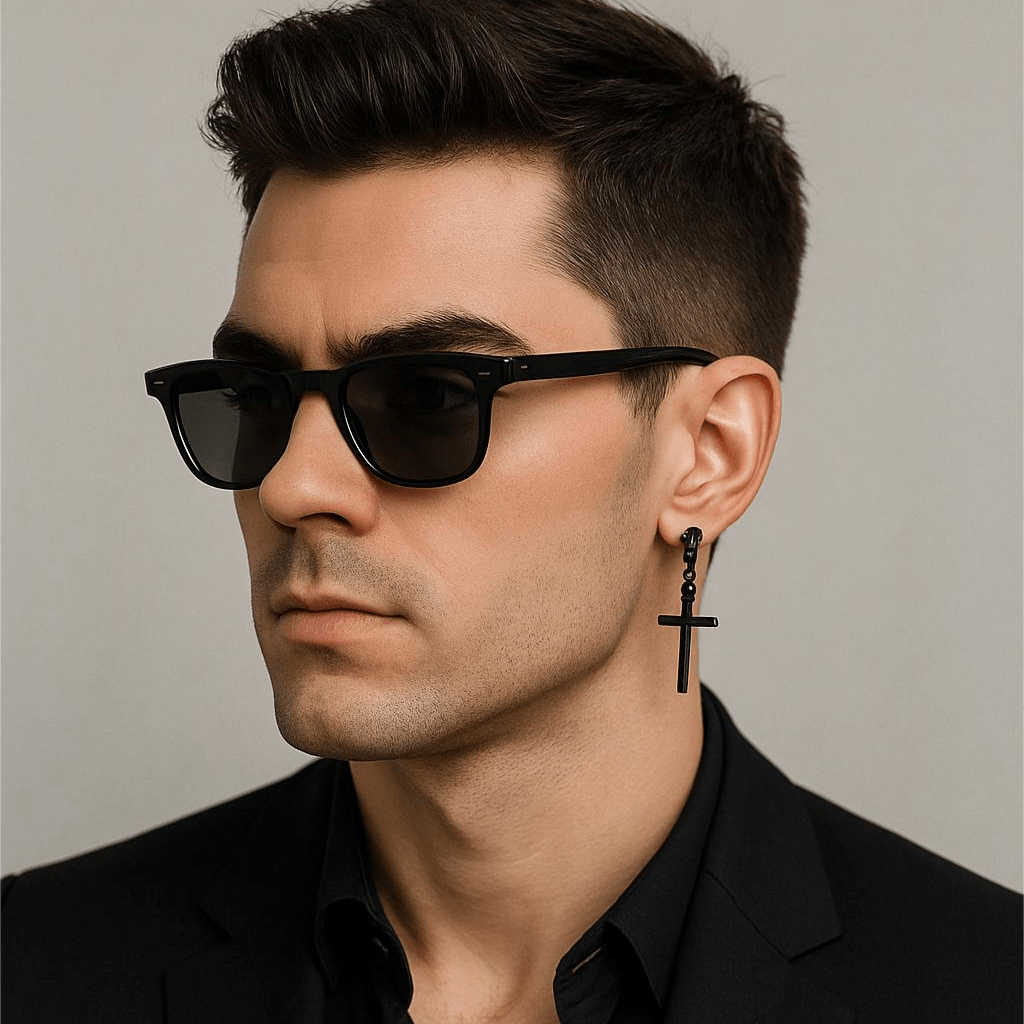 THE MEN THING Earring BLACK CRUX NOIR - Pure Titanium Steel Hoop Earrings for Men & Boys (2pcs)