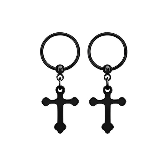THE MEN THING Earring HEXED CRUCIFIX BLACK - Pure Titanium Steel Hoop Earrings for Men & Boys (2pcs)