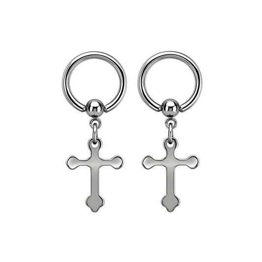 THE MEN THING Earring HEXED CRUCIFIX SILVER - Pure Titanium Steel Hoop Earrings for Men & Boys (2pcs)