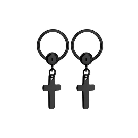 THE MEN THING Earring NOCTURNE CROSS BLACK - Pure Titanium Steel Hoop Earrings for Men & Boys (2pcs)