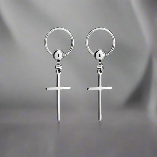 THE MEN THING Earring SILVER CRUX NOIR - Pure Titanium Steel Hoop Earrings for Men & Boys (2pcs)