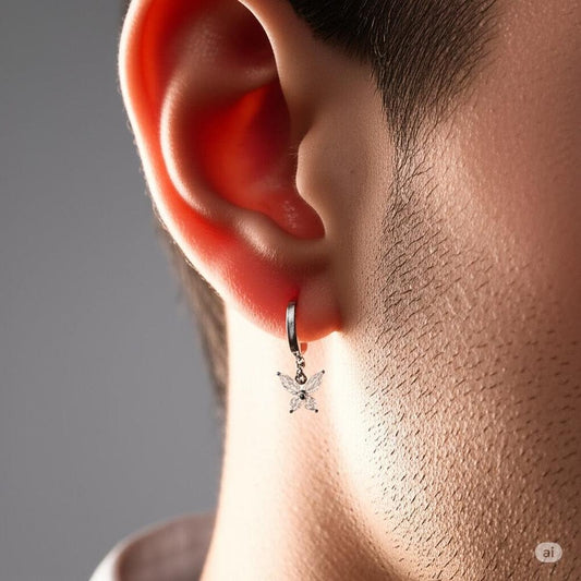 THE MEN THING Earring SILVER LUNA PAPILLON - Pure Titanium Steel Hoop Earrings for Men & Boys (2pcs)