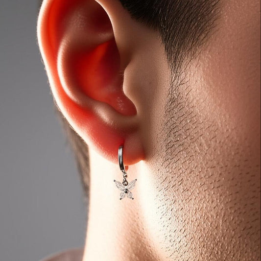 THE MEN THING Earring SILVER LUNA PAPILLON - Pure Titanium Steel Hoop Earrings for Men & Boys (2pcs)