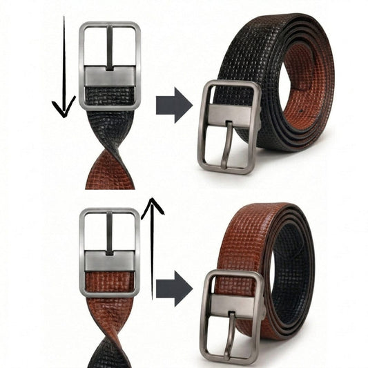 THE MEN THING Leather Belts GRIDTEXTURE BROWN - Premium Genuine Leather Reversible Belt for Men & Boys | Durable & Stylish for Everyday Wear