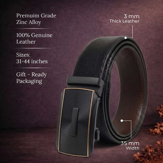 Mens 100% Genuine Leather Belt - LUXORIC Pebble-Grain, SNAPTOR Gold-Bar Auto-Lock Buckle (Black & Brown Reversible) — Leather Belts for Men | THE MEN THING
