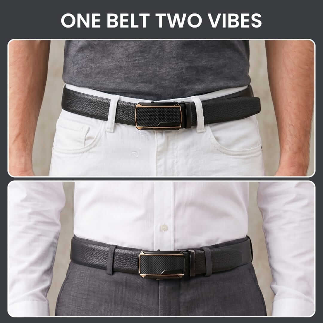 Mens 100% Genuine Leather Belt - LUXORIC Pebble-Grain, KINGVAR Carbon-Texture Auto-Lock Buckle (Black & Brown Reversible) — Leather Belts for Men | THE MEN THING