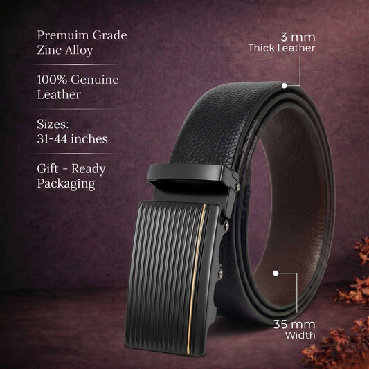 Mens 100% Genuine Leather Belt - LUXORIC Pebble-Grain, DRAKO Ribbed Auto-Lock Buckle (Black & Brown Reversible) — Leather Belts for Men | THE MEN THING