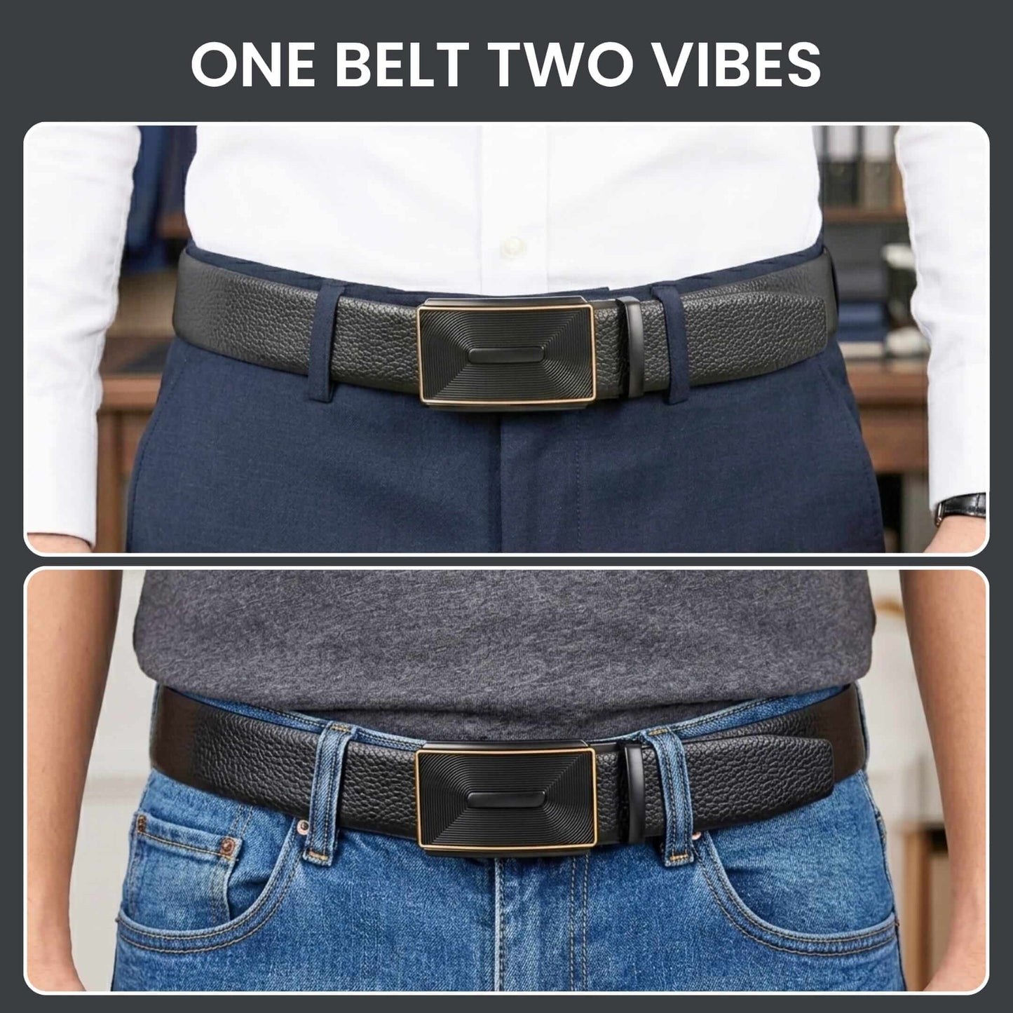 Mens 100% Genuine Leather Belt - LUXORIC Pebble-Grain, RYZOR Chevron Auto-Lock Buckle (Black & Brown Reversible) — Leather Belts for Men | THE MEN THING