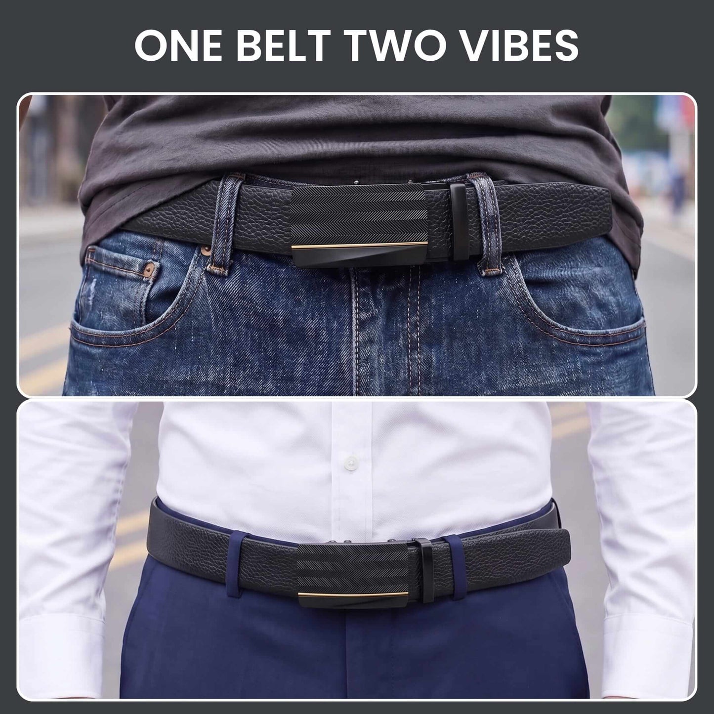 Mens 100% Genuine Leather Belt - LUXORIC Pebble-Grain, RATCHON Pinstripe Auto-Lock Buckle (Black & Brown Reversible) — Leather Belts for Men | THE MEN THING